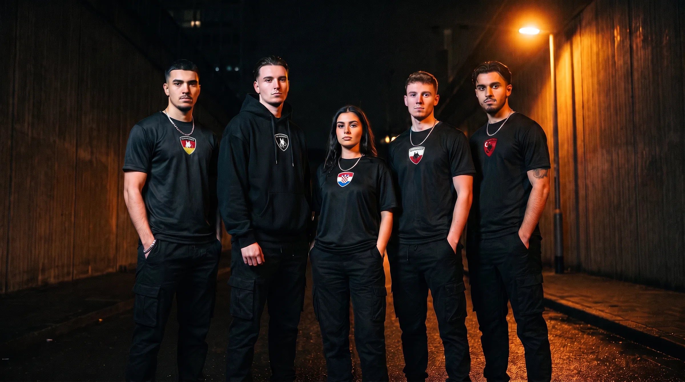 Fünf Leute in Benhauser Identity Shirts und Hoodie in einer nächtlichen Unterführung