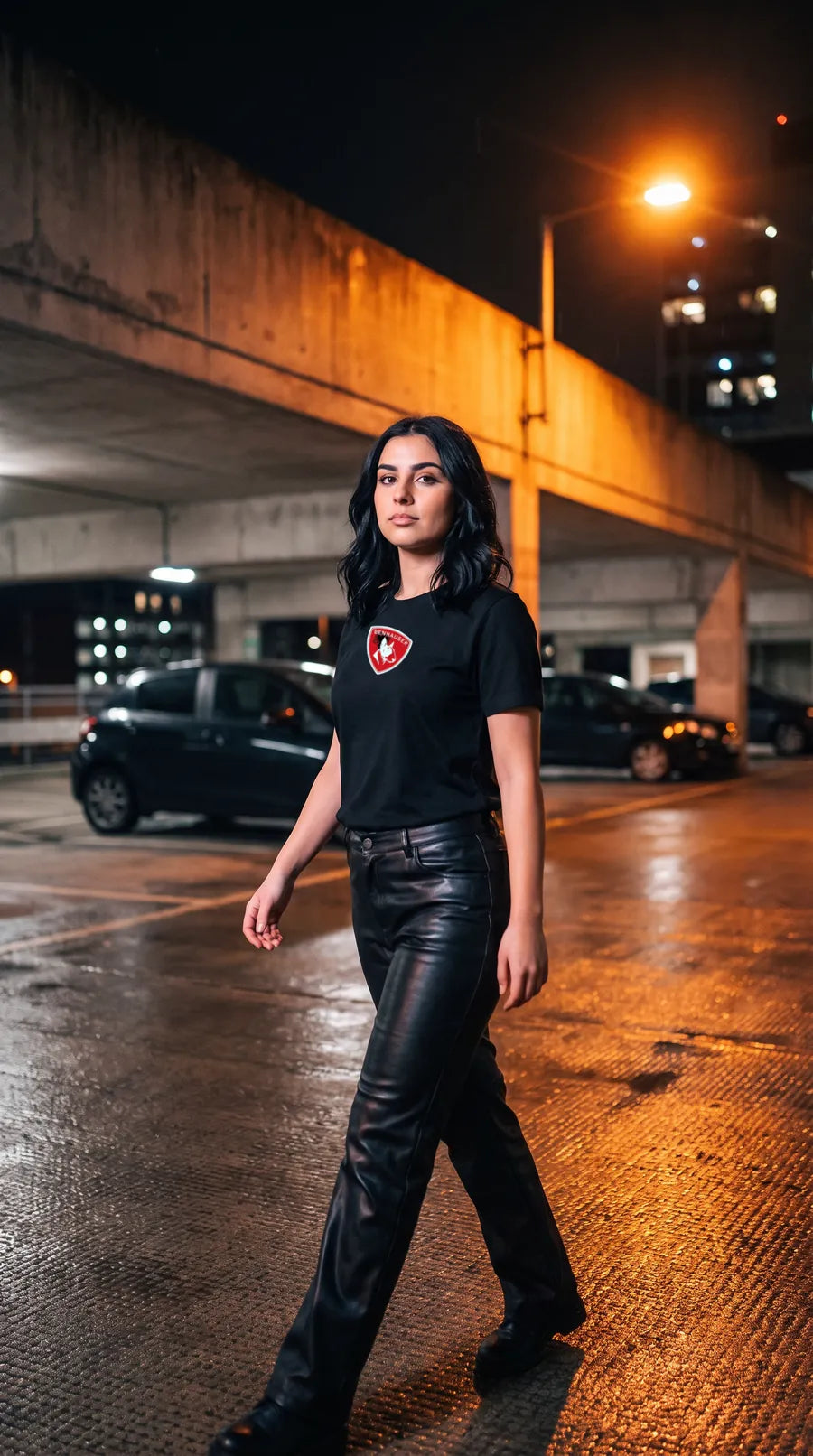 Frau im schwarzen Albanien T-Shirt läuft über ein nasses Parkdeck