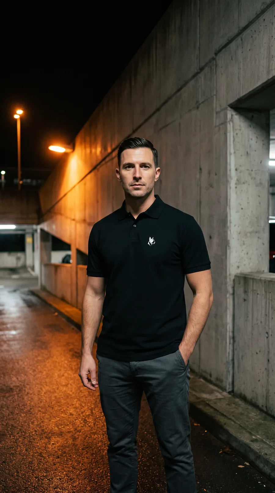 Mann im schwarzen Benhauser Polo-Shirt an einer Parkhausausfahrt